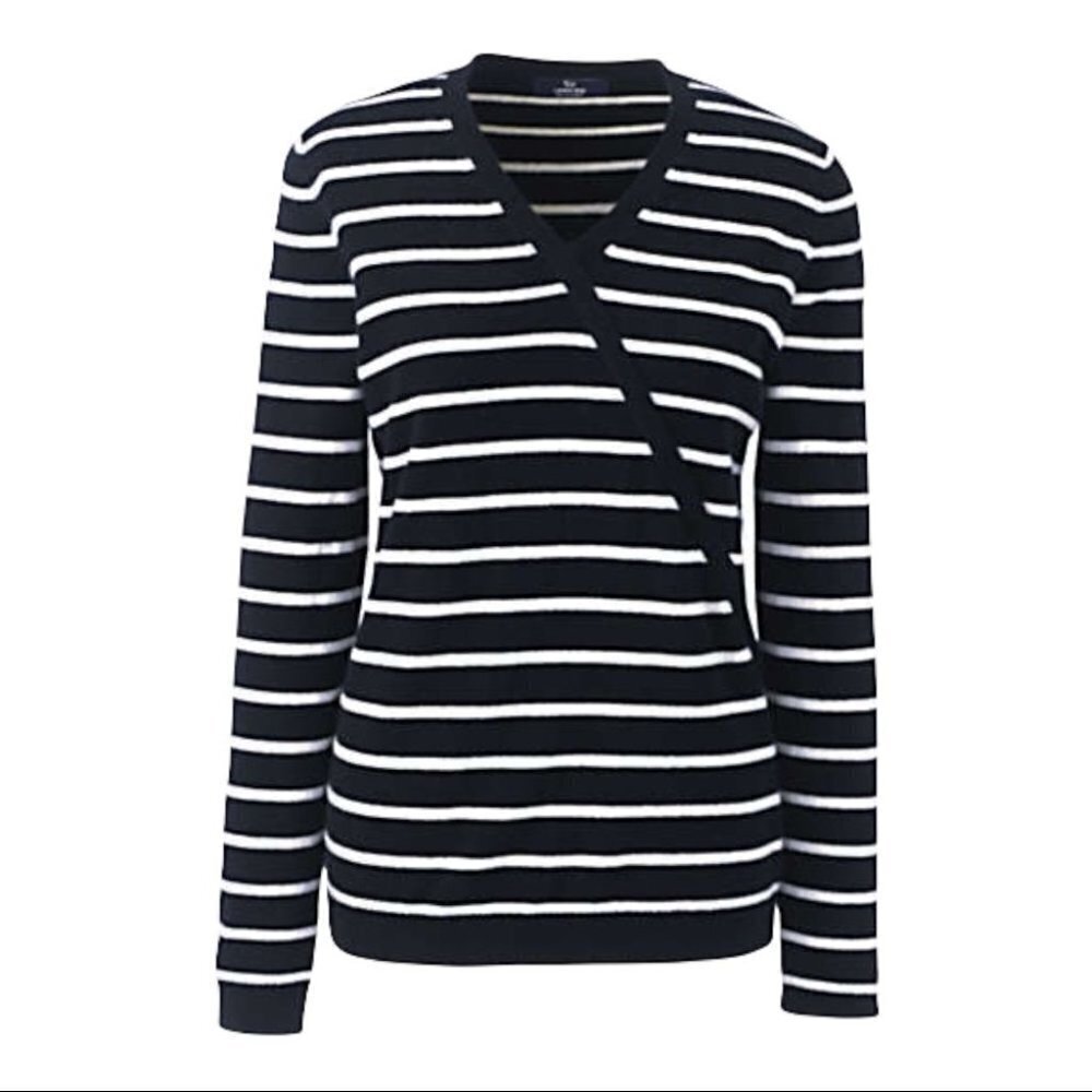 ** Lands' End Petite 100% Cashmere V-Neck Wrap Sweater in Black & White Size MP